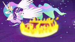 Size: 1280x720 | Tagged: safe, screencap, princess celestia, starlight glimmer, pony, a royal problem, g4, dream walker celestia, fire, holding a pony, momlestia fuel, spread wings, wings