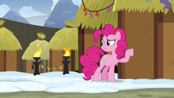 Size: 1280x720 | Tagged: safe, screencap, pinkie pie, earth pony, pony, g4, not asking for trouble, female, hut, mare, solo, yakyakistan