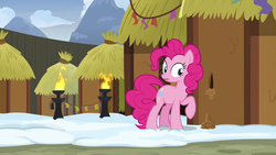 Size: 1280x720 | Tagged: safe, screencap, pinkie pie, earth pony, pony, g4, not asking for trouble, female, hole, hut, mare, solo, yakyakistan