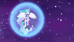 Size: 1280x720 | Tagged: safe, screencap, princess celestia, starlight glimmer, pony, a royal problem, g4, comforting, dream walker celestia, eyes closed, holding a pony, looking up, magic bubble, momlestia fuel, sadlight glimmer, spread wings, swapped cutie marks, wings