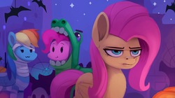 Size: 1200x674 | Tagged: safe, artist:rodrigues404, fluttershy, pinkie pie, rainbow dash, bat, earth pony, pegasus, pony, g4, :3, beady eyes, clothes, costume, female, fluttershy is not amused, halloween, holiday, night, trio, unamused