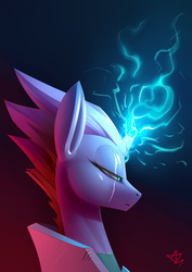 Size: 2480x3507 | Tagged: safe, artist:underpable, tempest shadow, pony, unicorn, g4, my little pony: the movie, armor, broken horn, bust, female, high res, horn, lightning, magic, mare, narrowed eyes, portrait, solo, sparking horn