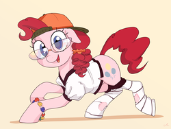 Size: 2264x1699 | Tagged: safe, artist:docwario, pinkie pie, earth pony, pony, g4, backwards ballcap, baseball cap, bracelet, cap, clothes, female, glasses, hat, jewelry, mare, simple background, solo