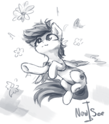 Size: 741x839 | Tagged: safe, artist:inowiseei, scootaloo, pegasus, pony, g4, chest fluff, cute, cutealoo, female, filly, flower, monochrome, solo, underhoof