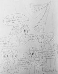 Size: 1682x2169 | Tagged: safe, artist:andandampersand, apple bloom, babs seed, scootaloo, sweetie belle, oc, oc:cottonswirl, pegasus, pony, unicorn, g4, barrel, cape, clothes, dialogue, flying, happy birthday mlp:fim, looking at you, meta, mlp fim's seventh anniversary, monochrome, simple background, traditional art