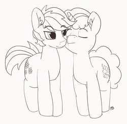 Size: 5099x4982 | Tagged: safe, artist:pabbley, double diamond, party favor, earth pony, pony, unicorn, g4, absurd resolution, duo, gay, male, monochrome, nuzzling, ship:partydiamond, shipping, stallion
