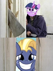 Size: 432x572 | Tagged: safe, star tracker, twilight sparkle, g4, once upon a zeppelin, here's johnny, meme, obsession, stalker, the shining, this will end in jail time