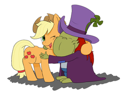 Size: 563x448 | Tagged: safe, artist:lost marbles, derpibooru exclusive, applejack, woebegone, earth pony, pony, g4, duo, duo male and female, female, hug, male, simple background, white background