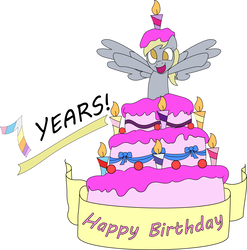 Size: 3219x3256 | Tagged: safe, artist:trash anon, derpibooru exclusive, derpy hooves, pegasus, pony, g4, :d, bow, cake, candle, female, food, frosting, happy birthday, happy birthday mlp:fim, high res, mare, mlp fim's seventh anniversary, open mouth, popping out of a cake, ribbon, smiling, spread wings, wings
