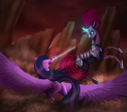 Size: 3466x3031 | Tagged: safe, artist:vinicius040598, tempest shadow, twilight sparkle, alicorn, pony, unicorn, g4, my little pony: the movie, armor, broken horn, butt, duo, featureless crotch, female, fight, high res, horn, magic, mare, plot, sad in hindsight, sparking horn, twilight sparkle (alicorn)