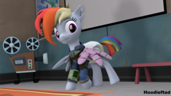 Size: 3840x2160 | Tagged: safe, artist:hoodieftad, rainbow dash, cyborg, pegasus, pony, fallout equestria, g4, 3d, alternate hairstyle, alternate timeline, amputee, apocalypse dash, augmented, clothes, crystal war timeline, diaper, diaper fetish, fallout, female, fetish, high res, house, indoors, jumpsuit, mare, non-baby in diaper, pipboy, prosthetic limb, prosthetic wing, prosthetics, room, source filmmaker, team fortress 2, torn ear, urine, used diaper, vault, vault suit, wet diaper, wonderbolts academy (place), wonderbolts poster