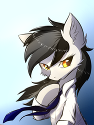 Size: 2100x2800 | Tagged: safe, artist:morningbullet, oc, oc only, oc:noot, earth pony, pony, bust, cheek fluff, clothes, ear fluff, female, fluffy, frown, gradient background, high res, hoof on chest, mare, necktie, sad, shirt, solo, windswept mane