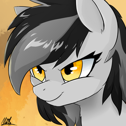 Size: 920x920 | Tagged: dead source, safe, artist:morningbullet, oc, oc only, oc:noot, pony, bust, determined, female, mare, portrait, signature, smiling, smirk, solo