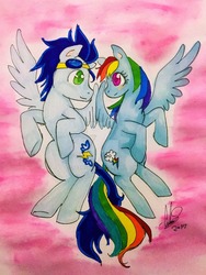 Size: 1024x1365 | Tagged: safe, artist:jeanslily, rainbow dash, soarin', pegasus, pony, g4, female, male, mare, obtrusive watermark, old cutie mark, ship:soarindash, shipping, stallion, straight, traditional art, watermark