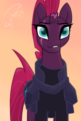 Size: 2000x3000 | Tagged: safe, artist:soctavia, tempest shadow, pony, unicorn, g4, my little pony: the movie, armor, broken horn, cute, eye scar, female, happy, high res, horn, lip bite, mare, scar, simple background, smiling, solo, tempestbetes