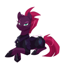Size: 1692x2000 | Tagged: safe, artist:bluntwhiskey, tempest shadow, pony, unicorn, g4, my little pony: the movie, broken horn, eye scar, female, horn, looking at you, prone, scar, simple background, smiling, solo, transparent background
