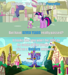 Size: 670x745 | Tagged: safe, spike, twilight sparkle, dragon, g4, caption, happy birthday mlp:fim, image macro, meme, mlp fim's seventh anniversary, ponyville, text, the legend of zelda, the legend of zelda: ocarina of time, twilight sparkle (alicorn), twilight's castle