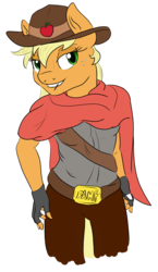 Size: 1077x1860 | Tagged: safe, artist:theshadowstone, applejack, earth pony, anthro, g4, clothes, costume, cowboy hat, female, freckles, hat, haystick, jesse mccree, mccreejack, overwatch, pants, simple background, solo, transparent background