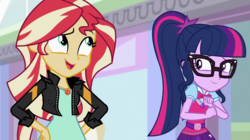 Size: 1280x718 | Tagged: safe, screencap, sci-twi, sunset shimmer, twilight sparkle, equestria girls, equestria girls specials, g4, my little pony equestria girls: mirror magic, bad color, canterlot mall, clothes, glasses, jacket, leather jacket, open mouth, you had one job
