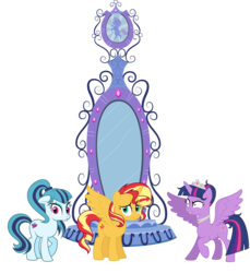 Size: 2916x3190 | Tagged: safe, artist:jitterbases, sonata dusk, sunset shimmer, twilight sparkle, alicorn, earth pony, pony, g4, alicornified, collar, crown, equestria girls ponified, high res, jealous, jewelry, magic mirror, ponified, race swap, regalia, shimmercorn, shrunken pupils, simple background, story in the source, transparent background, twilight sparkle (alicorn)