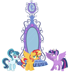 Size: 2916x3190 | Tagged: safe, artist:jitterbases, sonata dusk, sunset shimmer, twilight sparkle, alicorn, earth pony, pony, g4, alicornified, alternate hairstyle, alternate universe, collar, crown, earth pony sonata dusk, equestria girls ponified, female, hair bun, high res, jealous, jewelry, magic mirror, peytral, ponified, race swap, regalia, shimmercorn, shrunken pupils, simple background, spread wings, story in the source, tiara, transparent background, trio, trio female, twilight snapple, twilight sparkle (alicorn), wings