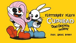 Size: 1280x720 | Tagged: safe, artist:vannamelon, angel bunny, fluttershy, g4, cuphead, cuphead (character), fluttershy plays, mugman, pac-man eyes, simple background, studio mdhr, yellow background