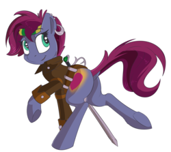 Size: 1785x1593 | Tagged: safe, artist:beardie, oc, oc only, oc:blazing heart, earth pony, pony, butt, clothes, costume, ear piercing, earring, jewelry, patreon, patreon reward, piercing, pirate, plot, simple background, solo, sword, transparent background, weapon