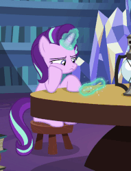 Size: 594x779 | Tagged: safe, screencap, starlight glimmer, pony, unicorn, g4, season 7, uncommon bond, animated, bored, female, frustrated, gif, glowing horn, horn, magic, sitting, solo, spinning, spoon