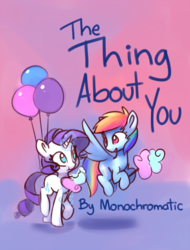 Size: 1064x1400 | Tagged: safe, artist:lilfunkman, rainbow dash, rarity, pegasus, pony, unicorn, fanfic:the thing about you, g4, balloon, cotton candy, fanfic, fanfic art, fanfic cover, female, flying, food, glowing horn, horn, lesbian, looking at each other, magic, mare, ship:raridash, shipping, telekinesis