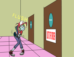Size: 1280x989 | Tagged: safe, artist:steamfan1992, rainbow dash, epic fails (equestria girls), eqg summertime shorts, equestria girls, g4, bathroom, clothes, converse, covering crotch, crying, desperation, flush, need to pee, omorashi, out of order, potty dance, potty emergency, potty time, shoes, sneakers, tears of pain, uniform