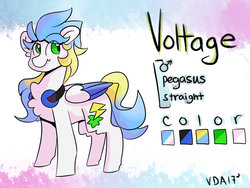 Size: 1024x768 | Tagged: safe, artist:voltagedoesart, oc, oc only, oc:voltage, pegasus, pony, colored wings, headphones, male, multicolored wings, reference sheet, solo, stallion