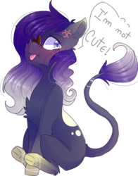 Size: 3364x4284 | Tagged: safe, artist:erinartista, oc, oc only, oc:midnight hush, earth pony, pony, blushing, chest fluff, dialogue, ear fluff, eyepatch, female, high res, i'm not cute, mare, simple background, sitting, solo, tongue out, transparent background, underhoof