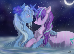Size: 1214x881 | Tagged: safe, artist:scarletsfeed, starlight glimmer, trixie, pony, unicorn, g4, blushing, female, lesbian, looking at each other, night, ship:startrix, shipping, wet