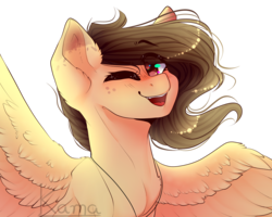 Size: 2000x1600 | Tagged: safe, artist:skimea, oc, oc only, oc:strawberry, pegasus, pony, female, mare, one eye closed, solo, wink