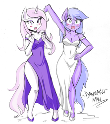Size: 2440x2752 | Tagged: safe, artist:danmakuman, fleur-de-lis, oc, oc:shining star, earth pony, unicorn, anthro, unguligrade anthro, fanfic:the model's secretary, g4, adorasexy, armpits, blushing, breasts, busty fleur-de-lis, cleavage, clothes, crossed legs, curvy, cute, dress, eyelashes, eyeshadow, fanfic, fanfic art, female, fleurabetes, glasses, hand on hip, high heels, high res, hoof shoes, legs, makeup, mare, meganekko, miss fleur is trying to seduce us, ocbetes, open mouth, sexy, shoes, side slit, simple background, thighs, total sideslit, white background, white dress, wide hips