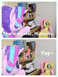 Size: 768x1024 | Tagged: safe, artist:nekokevin, fluttershy, starlight glimmer, pegasus, pony, unicorn, series:nekokevin's glimmy, g4, comic, dialogue, duo, irl, life size, photo, plushie, yay