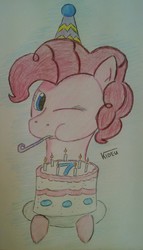 Size: 1366x2391 | Tagged: safe, artist:kideł/kideu, pinkie pie, earth pony, pony, g4, bust, cake, eyelashes, female, food, happy birthday mlp:fim, hat, mare, mlp fim's seventh anniversary, one eye closed, party hat, party horn, solo, traditional art, wink