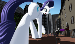 Size: 3520x2050 | Tagged: safe, artist:styroponyworks, rarity, human, pony, unicorn, g4, 3d, blender, butt, car, city, clothes, dock, female, giant pony, giant rarity, giantess, high res, looking at something, macro, mare, mixed media, open mouth, people, plot, solo, underhoof, walking, window shopping