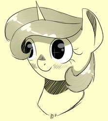 Size: 959x1080 | Tagged: safe, artist:equestriansketcher, oc, oc only, oc:tiffy, pony, unicorn, blushing, bust, commission, female, horn, mare, monochrome, portrait, sketch, solo, sparkly eyes, wingding eyes, yellow