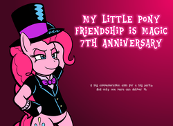 Size: 1920x1400 | Tagged: safe, artist:regularmouseboy, pinkie pie, g4, party of one, bipedal, bowtie, clothes, confident, flat colors, gradient background, happy birthday mlp:fim, hat, mlp fim's seventh anniversary, standing, suit, top hat, tuxedo