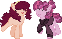 Size: 1205x754 | Tagged: safe, artist:zestle, oc, oc only, earth pony, pony, ^u^, clothes, duo, eyes closed, female, headband, mare, offspring, parent:cheese sandwich, parent:pinkie pie, parents:cheesepie, sisters, sweater