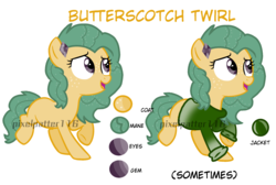 Size: 2353x1584 | Tagged: safe, artist:pixelpatter116, oc, oc only, oc:butterscotch twirl, earth pony, pony, clothes, color palette, female, hairclip, mare, offspring, parent:snails, parent:twist, parents:snailstwist, shirt, solo, watermark
