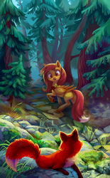 Size: 2362x3816 | Tagged: safe, artist:holivi, oc, oc only, fox, pegasus, pony, red fox, g4, female, forest, fox tail, high res, looking back, mare, pine tree, smiling, tree