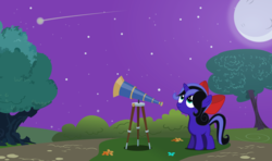 Size: 7000x4156 | Tagged: safe, artist:xenoneal, oc, oc only, oc:star, pony, unicorn, absurd resolution, bow, female, filly, hair bow, moon, night, shooting star, solo, telescope, tree