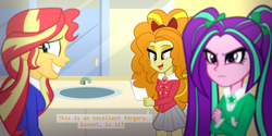 Size: 1024x512 | Tagged: dead source, safe, artist:wubcakeva, adagio dazzle, aria blaze, sunset shimmer, equestria girls, g4, my little pony equestria girls: rainbow rocks, bathroom, clothes, crossover, dialogue, grin, heathers, nervous, nervous smile, school uniform, smiling, the dazzlings
