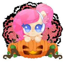 Size: 800x760 | Tagged: safe, artist:exceru-karina, oc, oc only, oc:bloom flower, bat, crystal pony, pony, abstract background, cute, female, halloween, headband, holiday, jack-o-lantern, mare, ocbetes, pumpkin, simple background, solo, transparent background, wingding eyes, ych result