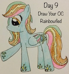 Size: 1423x1519 | Tagged: safe, artist:electradust, oc, oc only, pegasus, pony, colored wings, female, mare, rainbow power, rainbow power-ified, solo, traditional art