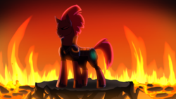 Size: 1920x1080 | Tagged: safe, artist:chikkiarts, tempest shadow, pony, unicorn, g4, my little pony: the movie, armor, broken horn, female, fire, horn, open up your eyes, solo, wallpaper