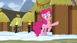 Size: 1280x720 | Tagged: safe, screencap, pinkie pie, earth pony, pony, g4, not asking for trouble, female, hut, mare, solo, tongue out, yakyakistan