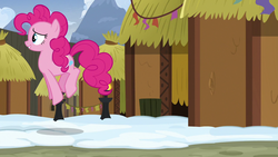 Size: 1280x720 | Tagged: safe, screencap, pinkie pie, earth pony, pony, g4, not asking for trouble, female, hut, mare, pronking, solo, yakyakistan